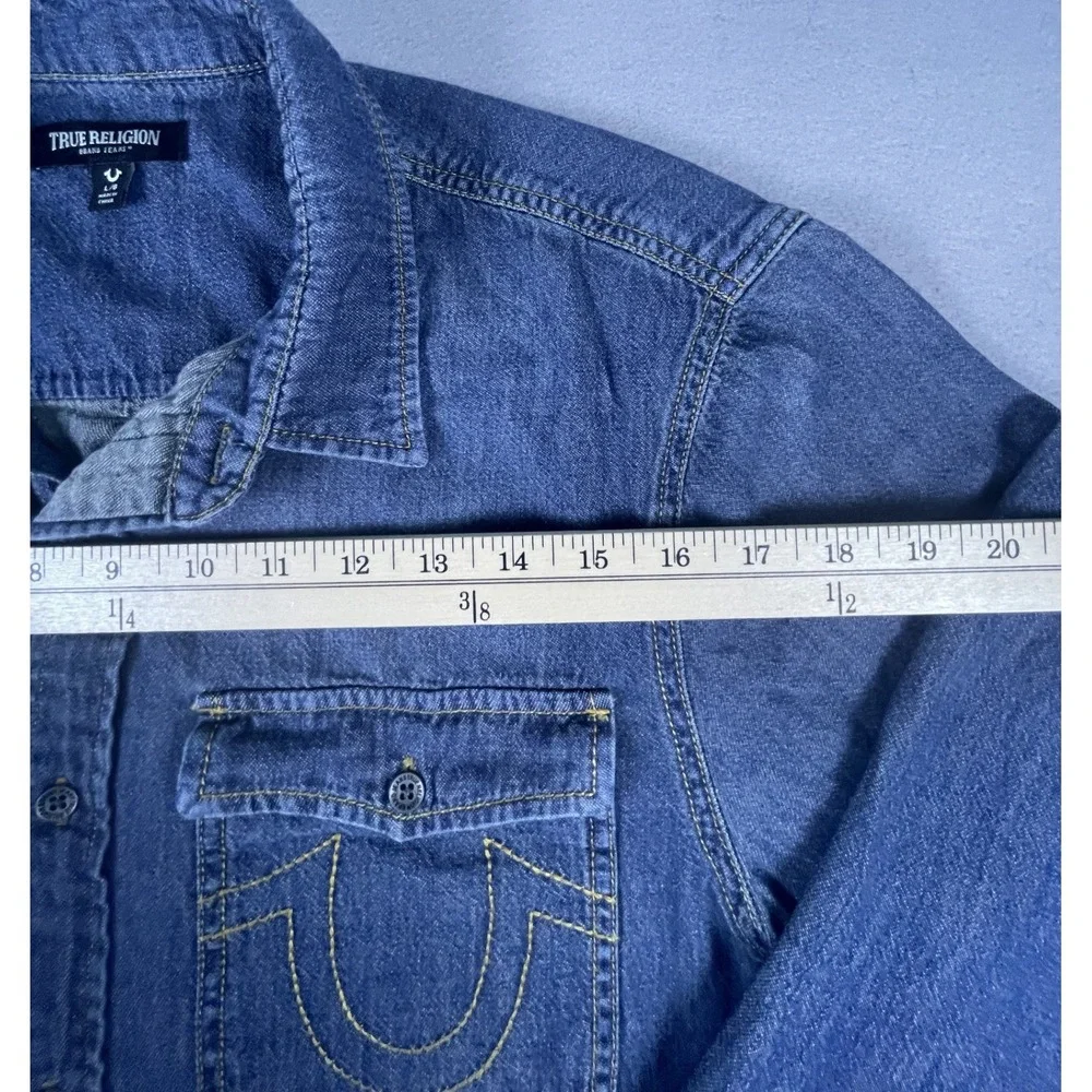 True Religion Denim Shirt Mens L‎ Blue Chambray Shirt Western Horseshoe Pockets